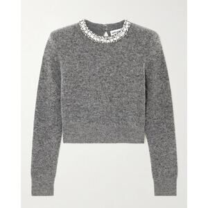 SELF-PORTRAIT Cropped crystal-embellished knitted sweater Gray Size Large